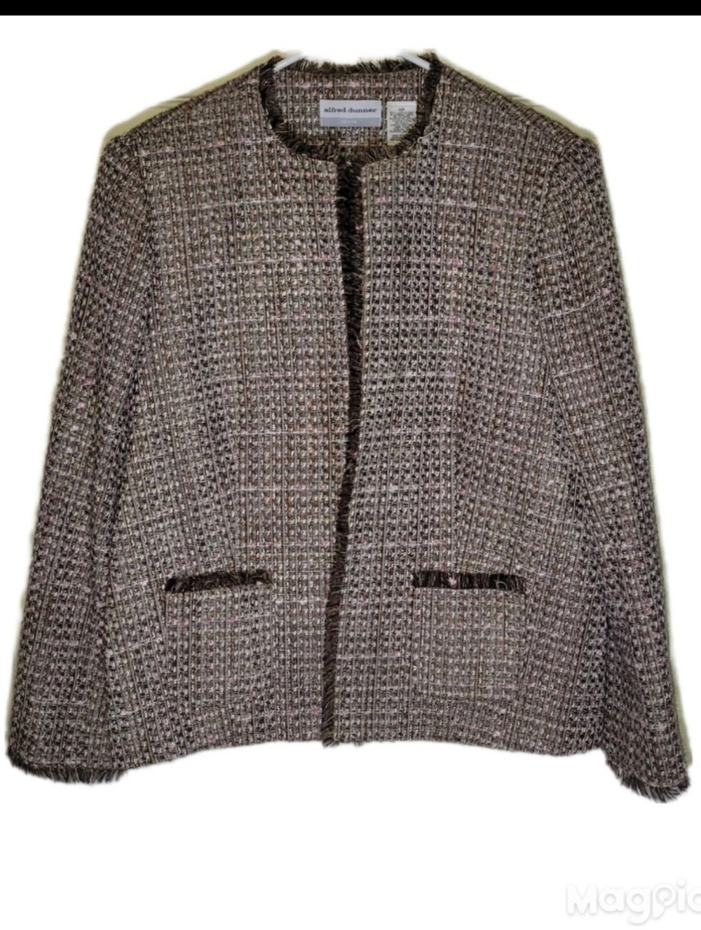 Alfred Dunner 16P Fringe Trim Taupe-Brown Tweed Open-Front Blazer Academia